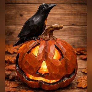 Lighted Jack-O-Lantern Pumpkin with Crow – Halloween Decor – 10” Resin